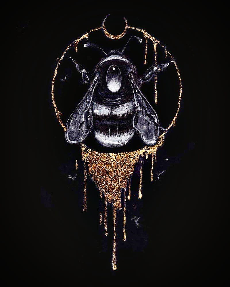 Bees Knees, art, bee, black, gold, trip, HD phone wallpaper