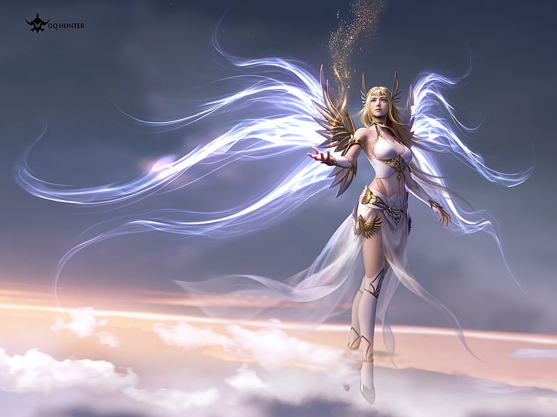Angel, frumusete, fantasy, wings, luminos, girl, dq hunter, blue, HD wallpaper