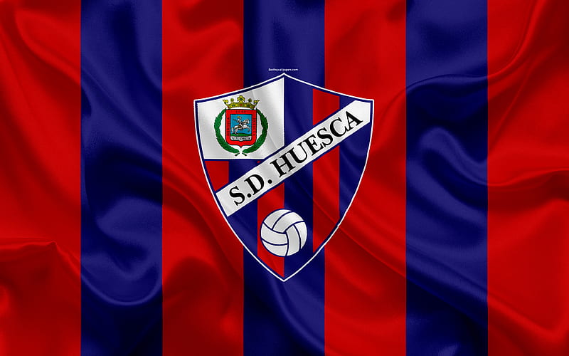 SD Huesca, Sociedad Deportiva Huesca silk texture, Spanish football club, logo, emblem, blue red flag, Segunda, Division B, LaLiga2, Huesca, Spain, football, Huesca FC, HD wallpaper