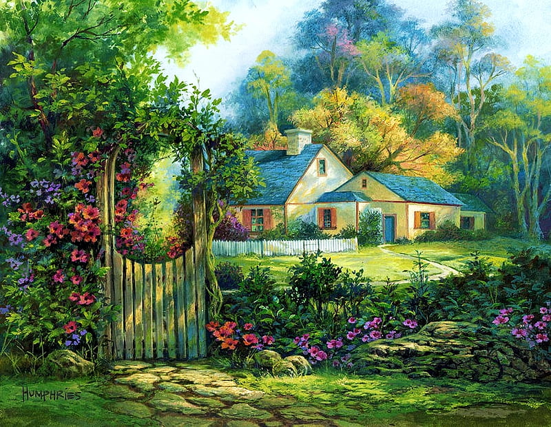 Grand Entrance, house, painting, flowers, garden, roses, artwork, HD wallpaper