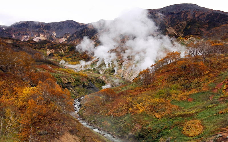 Steamy Geyser, fall, autumn, mountains, steam, geyser, HD wallpaper