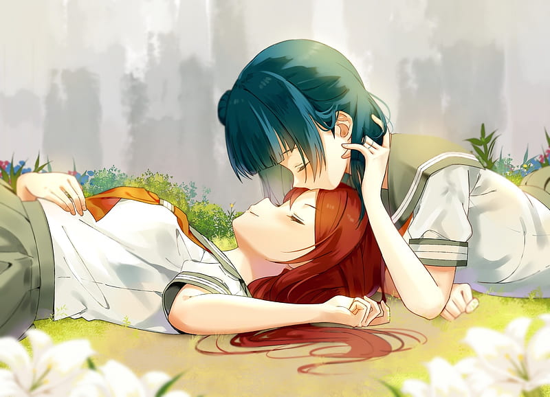 2 anime girl kissing on a bed 