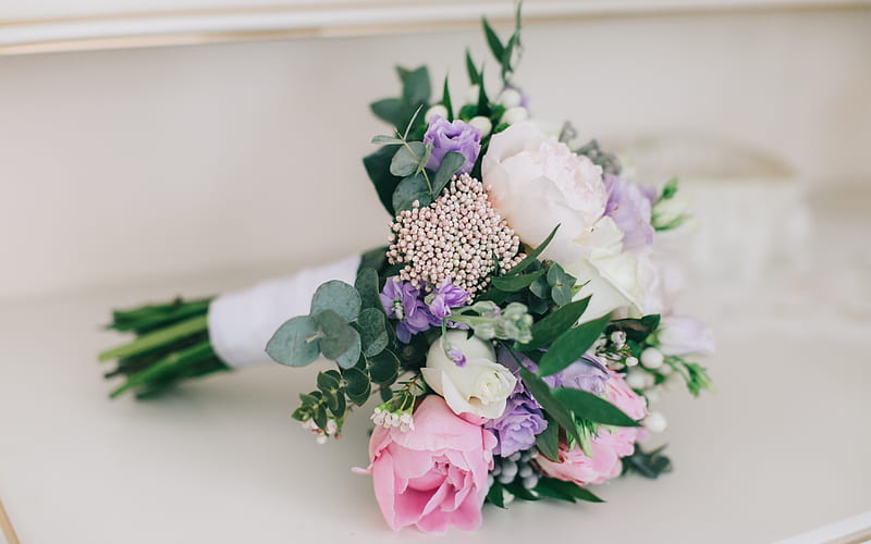 bridal bouquet, white roses, wedding bouquet, bokeh, pink roses, HD wallpaper