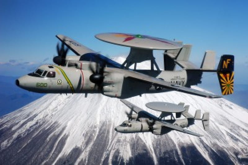 E-2C Hawkeye and Mount Fuji, recon, prop, wing, HD wallpaper