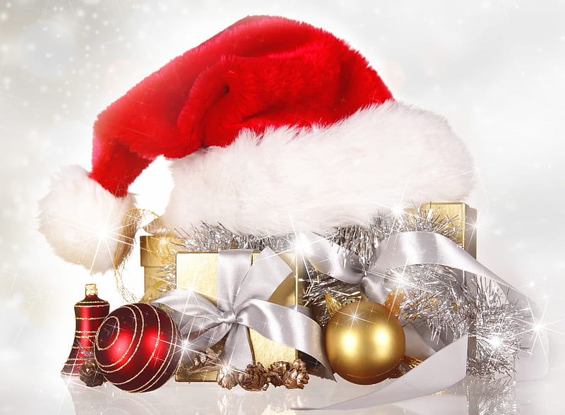 Merry Christmas, christmas eve, pretty, christmas balls, box, magic, bell, red ball, xmas, magic christmas, beauty, christmas bell, lovely, holiday, christmas, ribbon, decoration, golden, new year, christmas decorations, gift, balls, bells, holidays, christmas gifts, bow, bonito, graphy, ball, decorations, golden ball, christmas bells, happy holidays, stars, golden balls, christmas decoration, christmas ball, red balls, christmas gift, happy new year, hat, santa, HD wallpaper