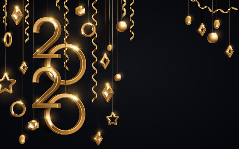 2020 3D digits, gold pendants, Happy New Year 2020, xmas decorations, 2020 3D art, 2020 concepts, 2020 on black background, 2020 year digits, HD wallpaper