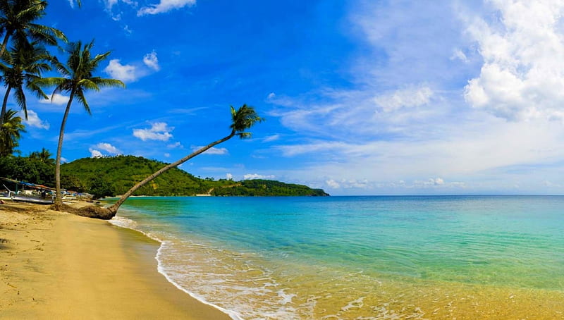 Nippah Beach, Lombok Island, turquoise waters, travel, bonito, clouds, palm trees, sea, paradise, Indonesia, vacations, island, tropical, sandy beach, HD wallpaper