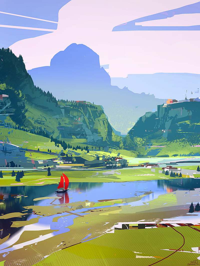 Sparth., landscape, people, digital art, nature, mountains, lake, water, painting, boat, concept art, HD phone wallpaper