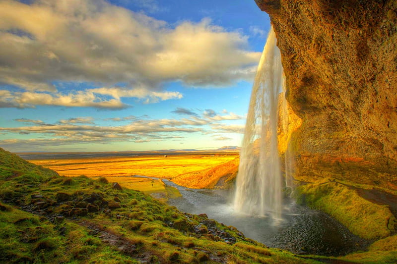 Seljalandsfoss, Iceland, cliffs, grass, river, bonito, sunset, clouds, field, waterfalls, HD wallpaper