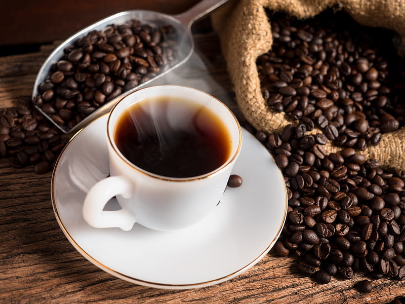 hot black coffee, smoke, coffee beans, white cup, Food, HD wallpaper