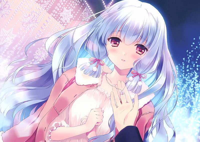 cute anime girl, silver hair, winter, romance, couple, hands, Anime, HD wallpaper