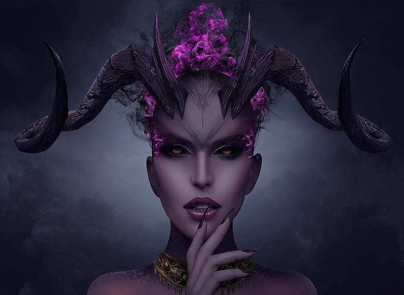 Desire Demon, art, luminos, black, horns, ivaran, demon, fantasy, girl, purple, hand, face, HD wallpaper
