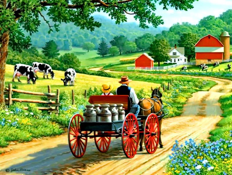 Milk run, fence, grass, cart, cabin, run, countryside, farm, painting, path, village, flowers, cows, rural, art, rustic, life, houses, greenery, trees, peaceful, summer, milk, walk, meadow, field, HD wallpaper
