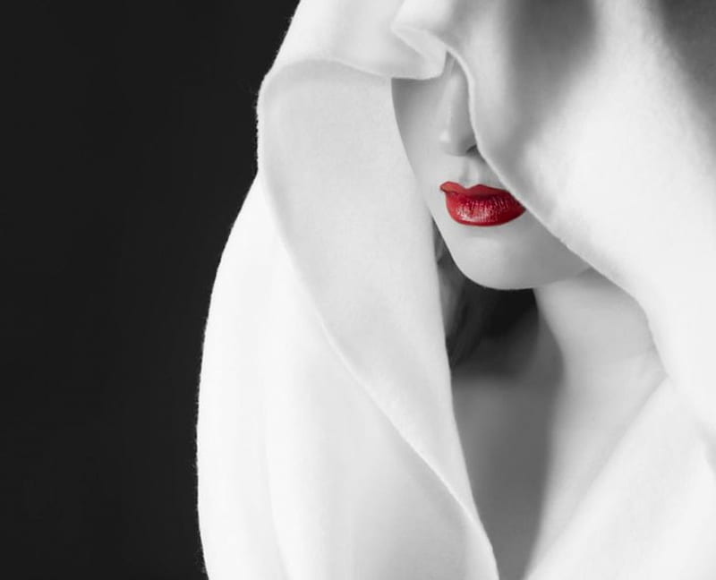 Red lips, black and white, white veil, veiled woman, HD wallpaper