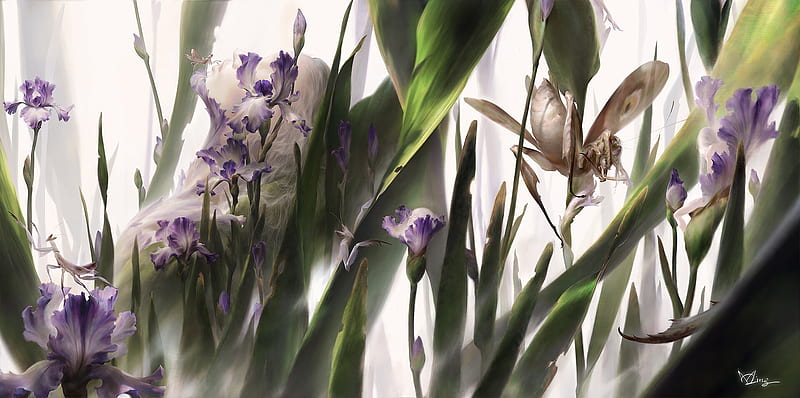 Irises ans insects, art, fantasy, mingzhu yang, flower, insect, blue, iris, HD wallpaper