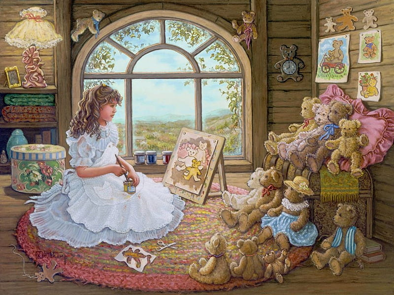 Jenny Paints Her Bears, window, teddybears, girl, painting, room, artwork, HD wallpaper