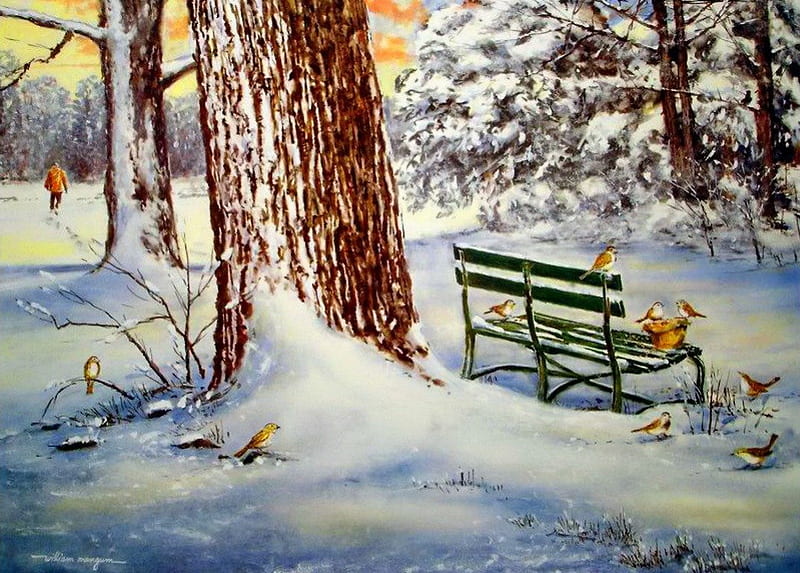 Sharing hand, feed, cold, painting, hand, sharing, frost, art, rest, forest, quiet, calmness, birds, bench, man, park, trees, winter, alleys, serenity, snow, ice, peaceful, day, frozen, HD wallpaper
