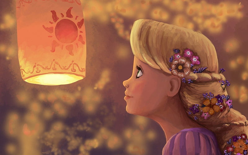 Rapunzel, art, lamp, fantasy, movie, girl, magical, abstract, HD wallpaper
