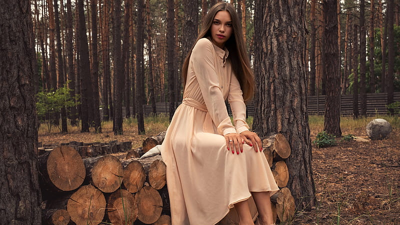 Girl Model Is Sitting On Chopped Wood Wearing Peach Color Dress In Forest Background Girls, HD wallpaper