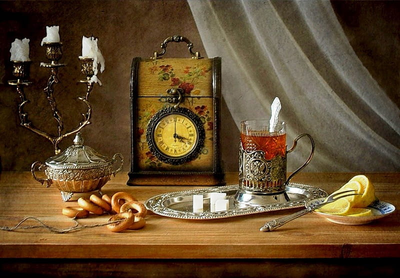 Tea Time, fruits, pretzels, tea, still life, candlestick, graphy, arrangement, vintage clock, vintage, candle, model, sugar, clock, abstract, teatime, lemon, cup, HD wallpaper