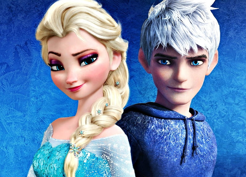 Elsa and Jack Frost, fanart, guy, elsa, blonde, man, jack frost, winter, girl, snow queen, white, frozen, princess, couple, disney, HD wallpaper