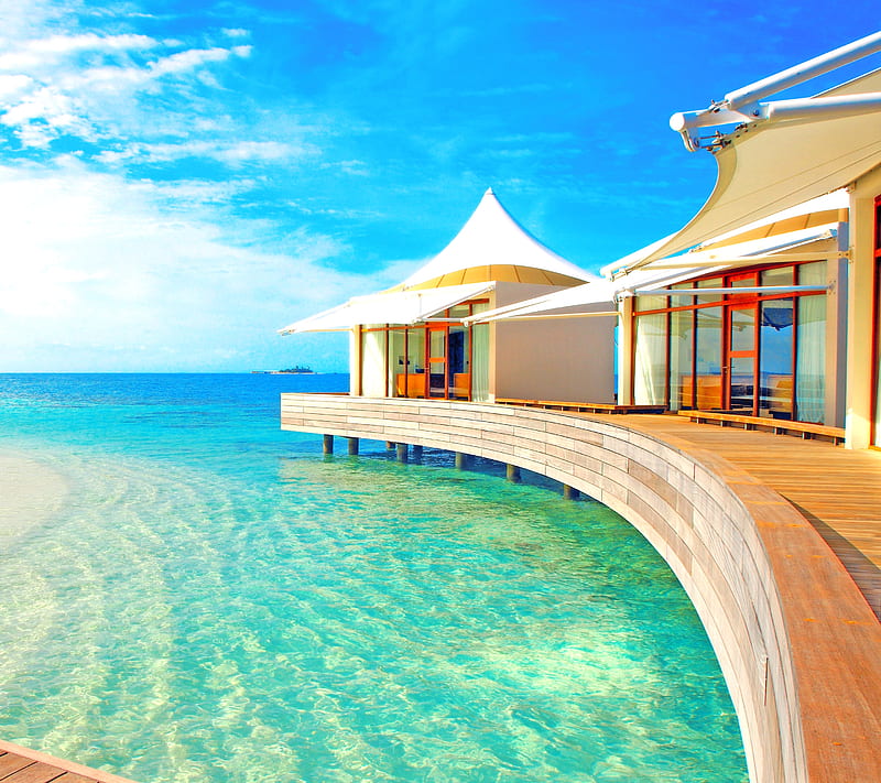 Villa, beach, house, ocean, sea, wood, HD wallpaper