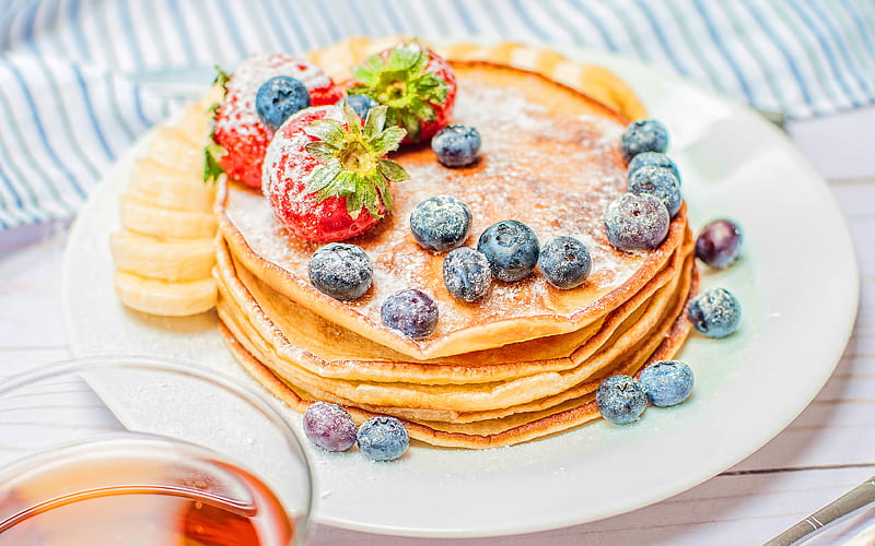 pancakes berries, fruits, breakfast, healthy food, pancakes on plate, HD wallpaper