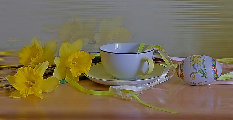 Daffodils, Easter, special days, eggs, flowers, cup of tea, HD wallpaper