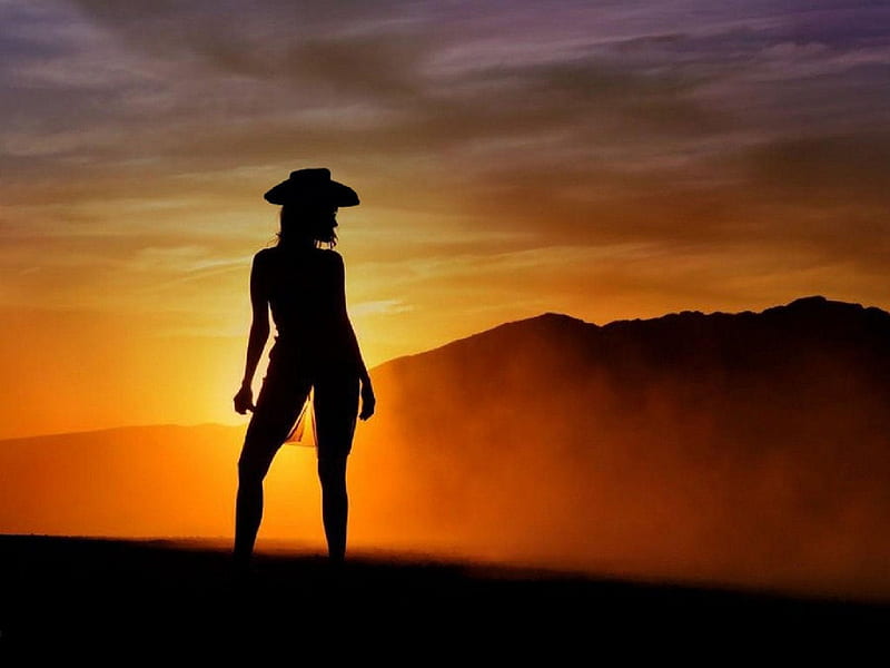 Cowgirl Silhouette, female, models, hats, boots, fun, silhouette, women, sunsets, cowgirls, girls, fashion, western, style, HD wallpaper