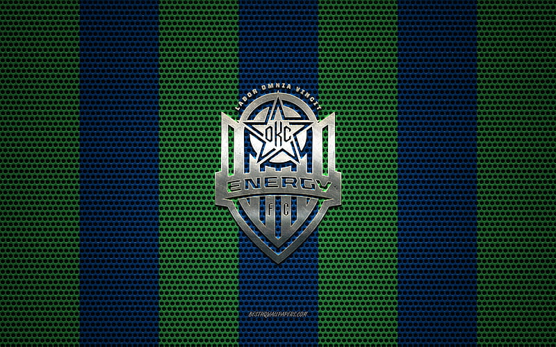 Oklahoma City Energy FC logo, American soccer club, metal emblem, blue green metal mesh background, Oklahoma City Energy FC, USL, Oklahoma City, Oklahoma, USA, soccer, HD wallpaper