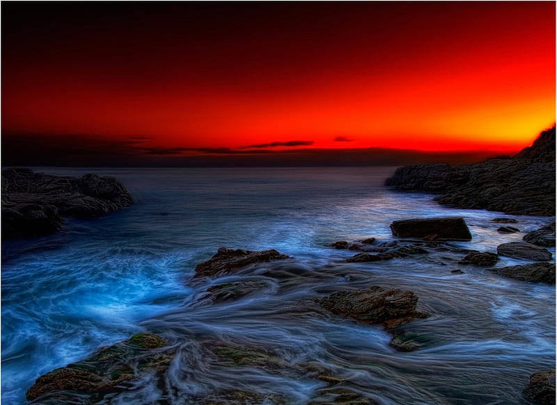 RED OVER BLUE, red, cliffs, ocean, sunset, waves, blue, HD wallpaper