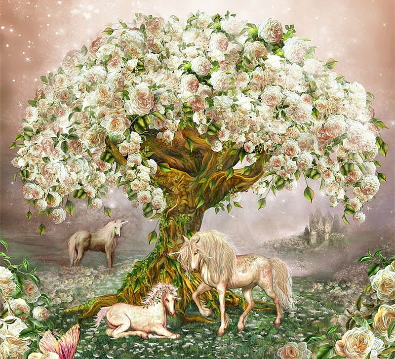 Rose tree, art, luminos, carol cavalaris, rose, unicorn, horse, tree, fantasy, green, pink, HD wallpaper