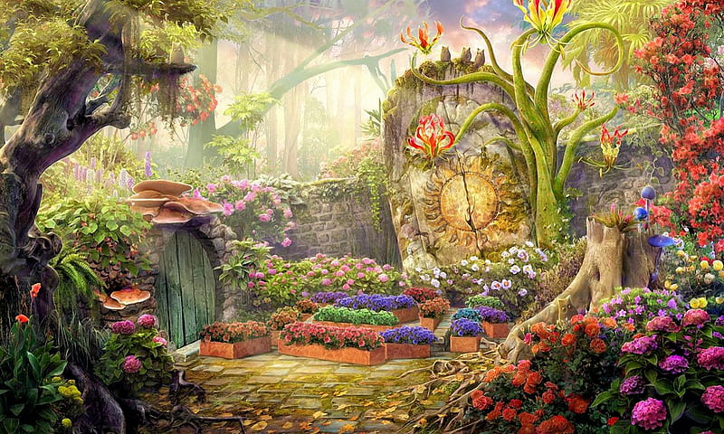 Enchanted Garden, mushrooms, trees, door, painting, flowers, owls, HD wallpaper