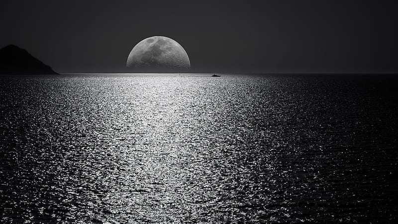 Black And White Moon Ocean During Night Time, moon, ocean, night, black-and-white, monochrome, HD wallpaper