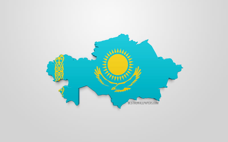3d flag of Kazakhstan, map silhouette of Kazakhstan, 3d art, Kazakhstan 3d flag, Europe, Kazakhstan, geography, Kazakhstan 3d silhouette, HD wallpaper