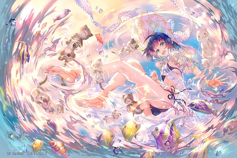 :-), anime, foo midori, summer, pisici, cat, sea, fish, manga, water, pesti, girl, HD wallpaper