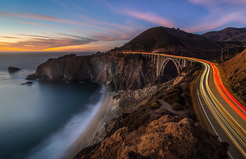 bixby creek bridge, california, time-lapse, highway, sunset, ocean, coastline, Landscape, HD wallpaper