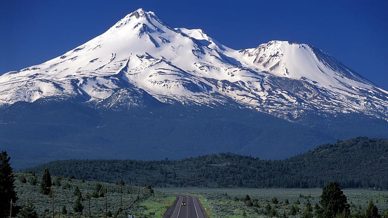 majestic mount shasta in california, mountain, mighty, road, snow, HD wallpaper