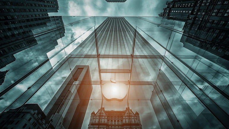the apple store in the big apple, glass, store, reflection, clouds, skyscrapers, HD wallpaper