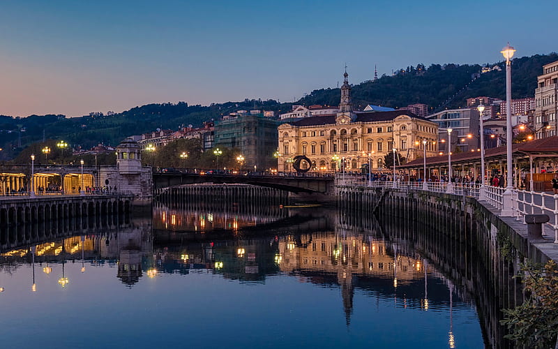 Bilbao, evening, embankment bridge, Basque Country, Spain, HD wallpaper