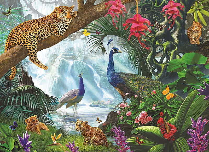 Peacocks and leopards by Steve Crisp, bird, paun, peacock, pasari, animal, art, leopard, steve crisp, painting, jungle, pictura, HD wallpaper