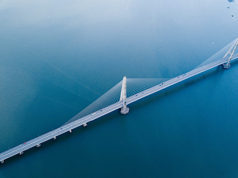 gray concrete bridge on body of water in aerial graphy, HD wallpaper