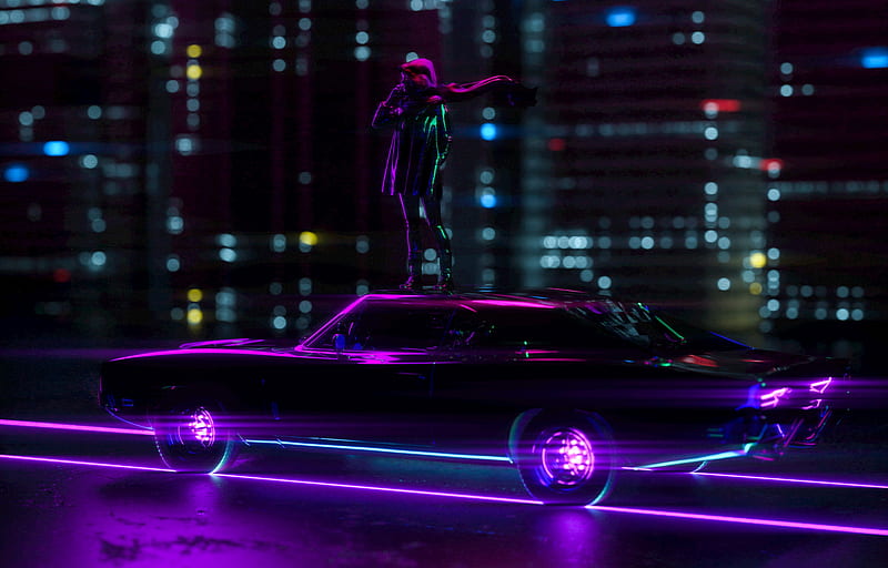 Girl Standing On Car Neon City, neon, city, artist, artwork, digital-art, HD wallpaper