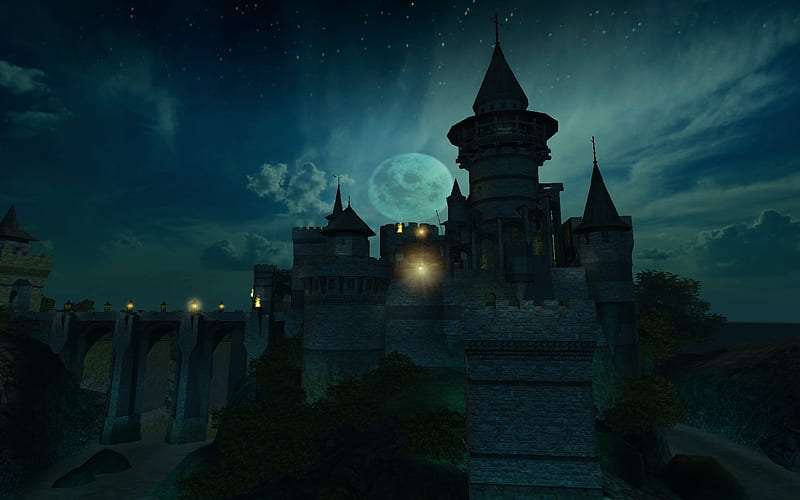 Ancient Castle, ancient, moat, midieval, moon, 3d, cool, bridge, dark, screenshot, castle, knight, HD wallpaper