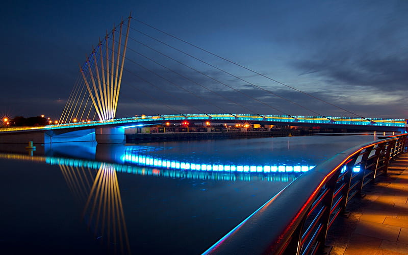 wonderful modern bridge in lights, bridge, river, reflection, lights, night, HD wallpaper