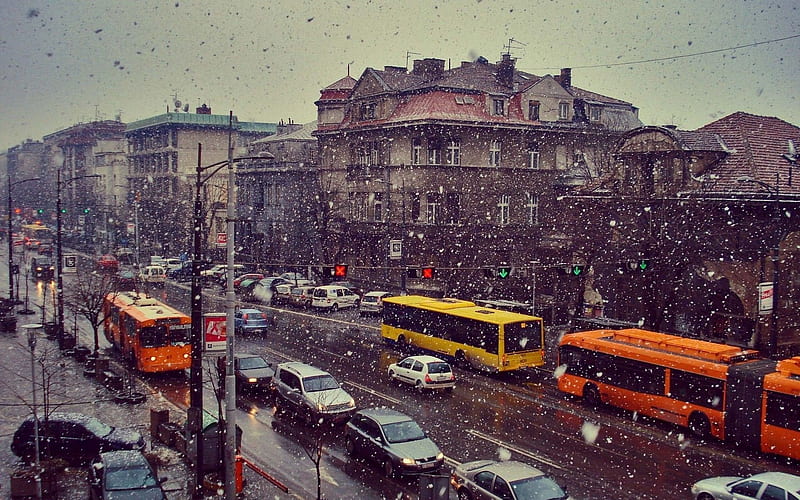 first snow, transport, street, belgrade, HD wallpaper