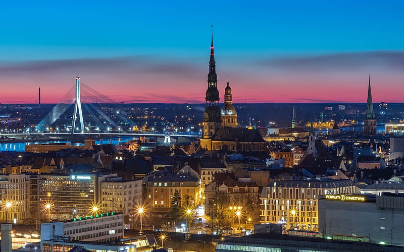 Riga, Latvia, dusk, Latvia, Riga, panorama, HD wallpaper