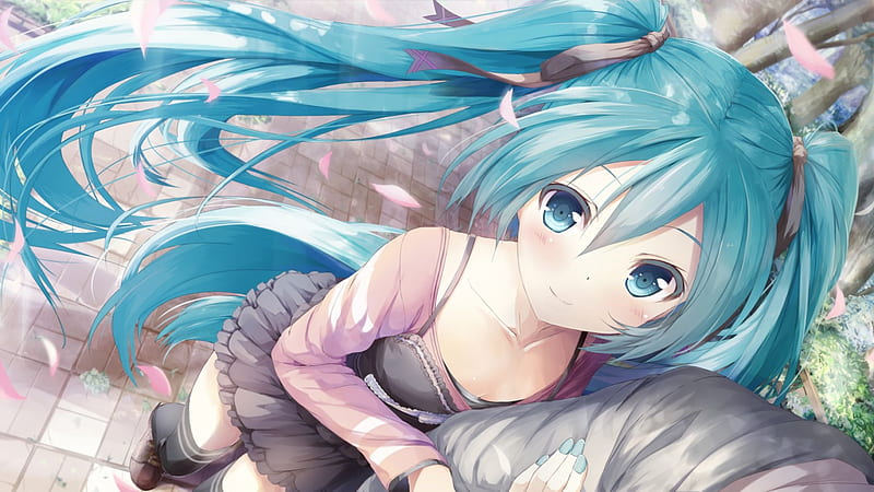 I'll Stick With You, vocaloid, dress, hatsune miku, spring, ribbons, trees, ponytails, blue hair, blue fingernails, anime, petals, blue eyes, long hair, HD wallpaper