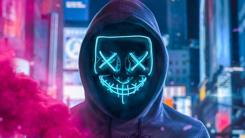 Mask Guy With Smoke Bomb In Hand , mask, hoodie, anonymus, neon, graphy, smoke, HD wallpaper