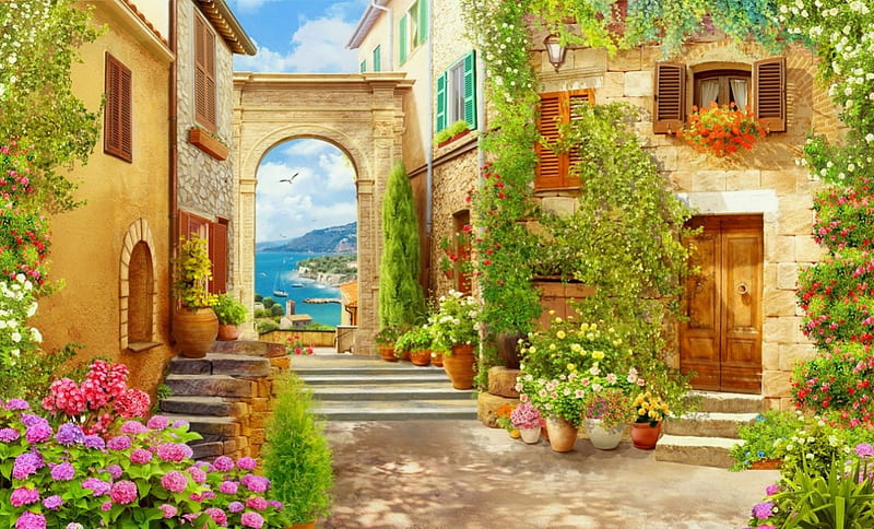 Flowers in cozy yard, cozy, view, town, bonito, yard, arch, summer, flowers, street, HD wallpaper